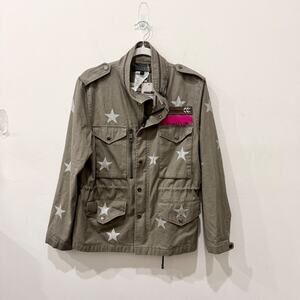 Jocelyn Cotton Star Print Military-Style Utility Shirt Jacket Green Women Medium